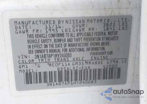 2017 Nissan Sentra S/Sv/Sr/Sl z USA, uszkodzony, nr VIN 3N1AB7AP1HY240083